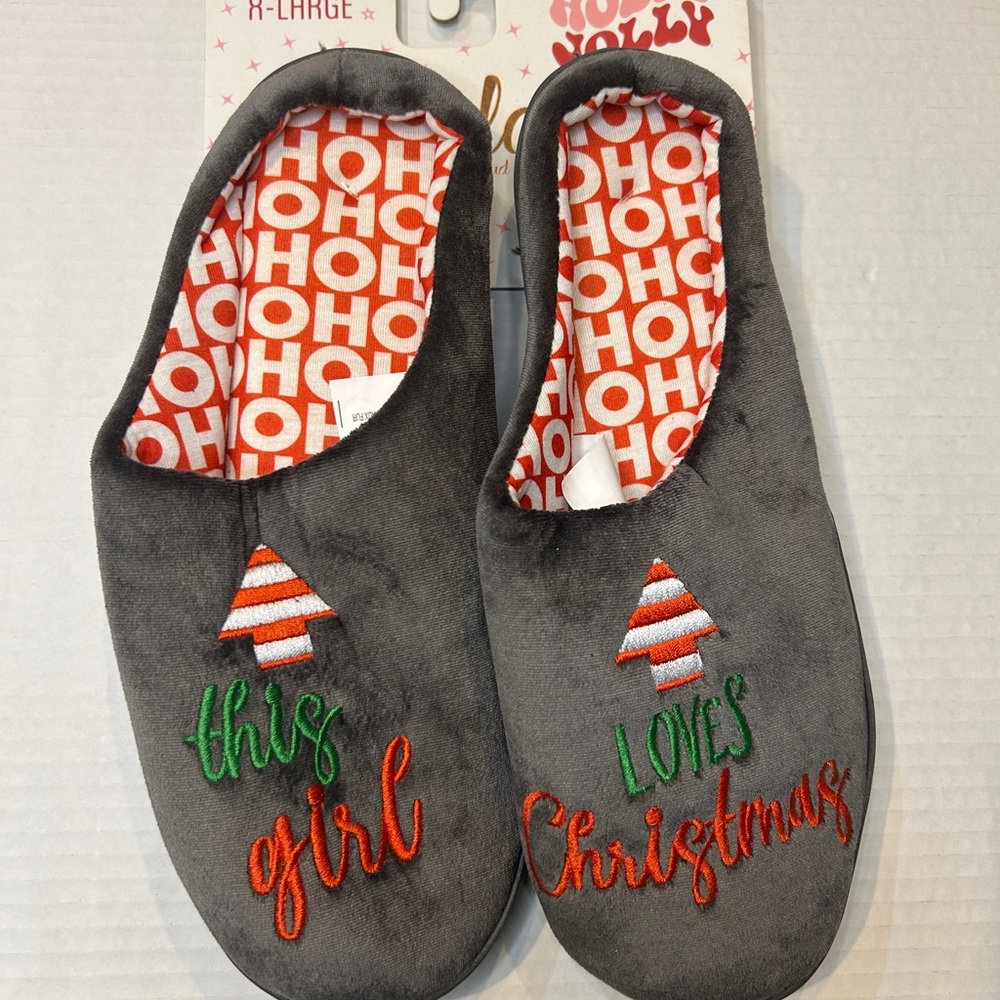 Brand new Gray Christmas Slippers with Festive Embroidery